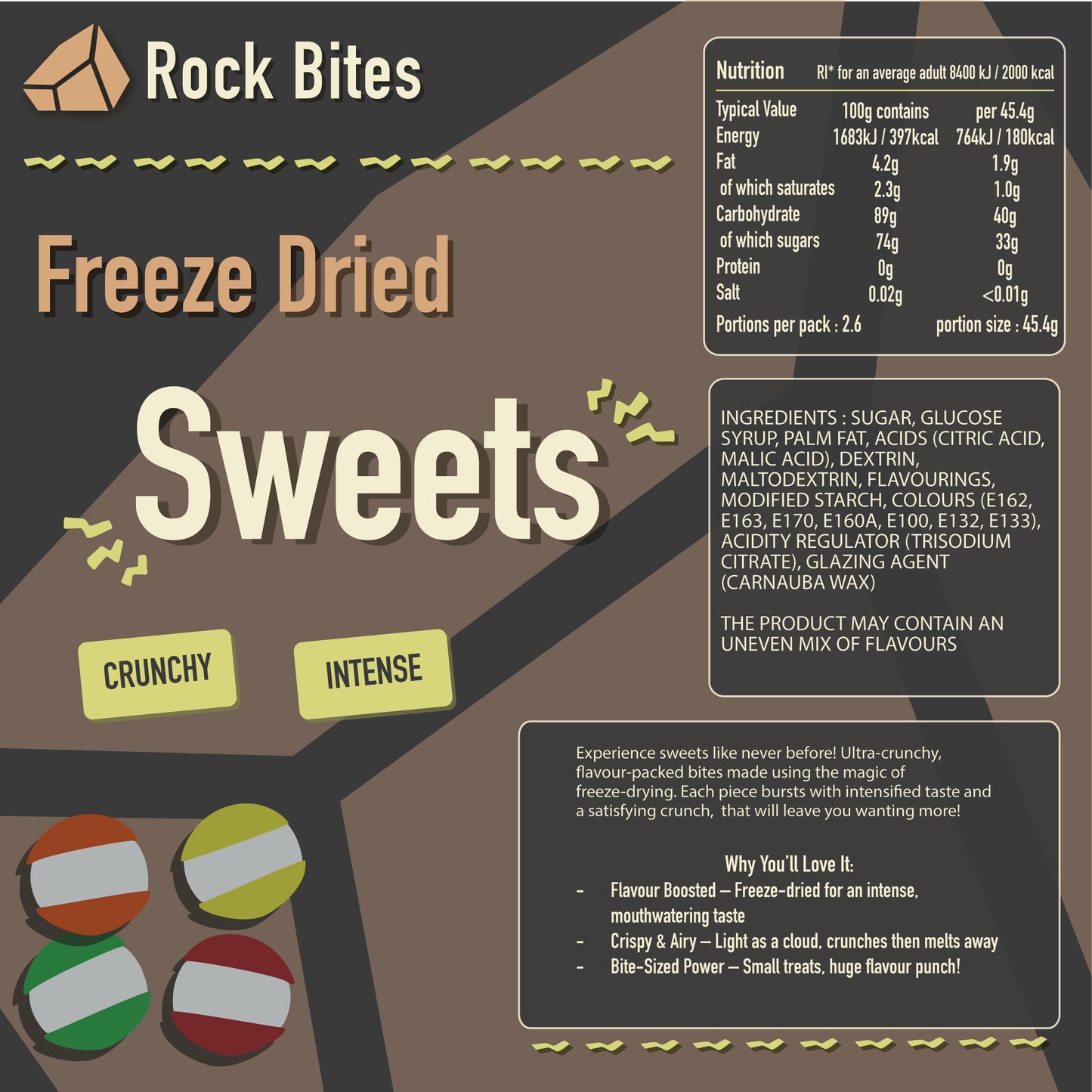 Rock Bites Freeze Dried Sweets - Mixed Fruit Flavour - Intensified Flavour and Satisfyingly Crunchy