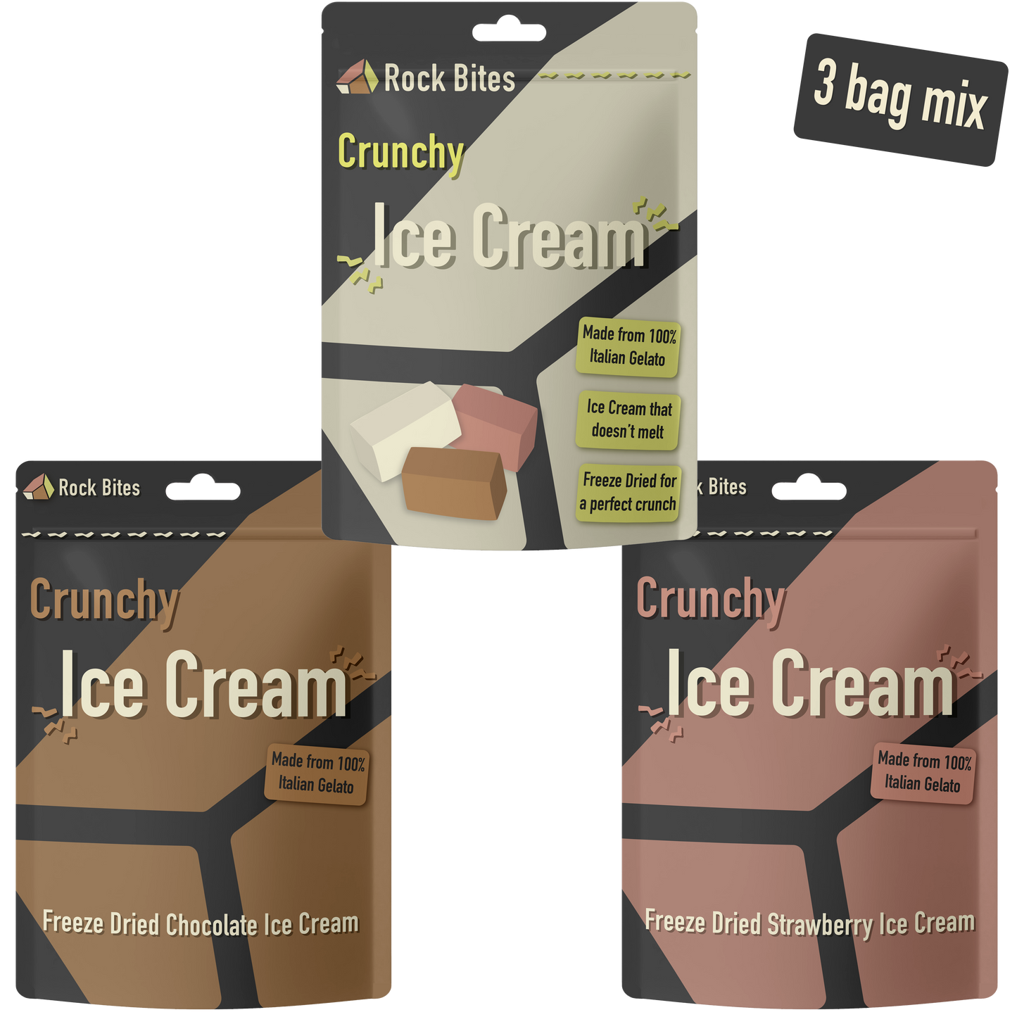 Freeze Dried Ice Cream 3 Pouch Combo - 1 Vanilla , 1 Chocolate, 1 Strawberry