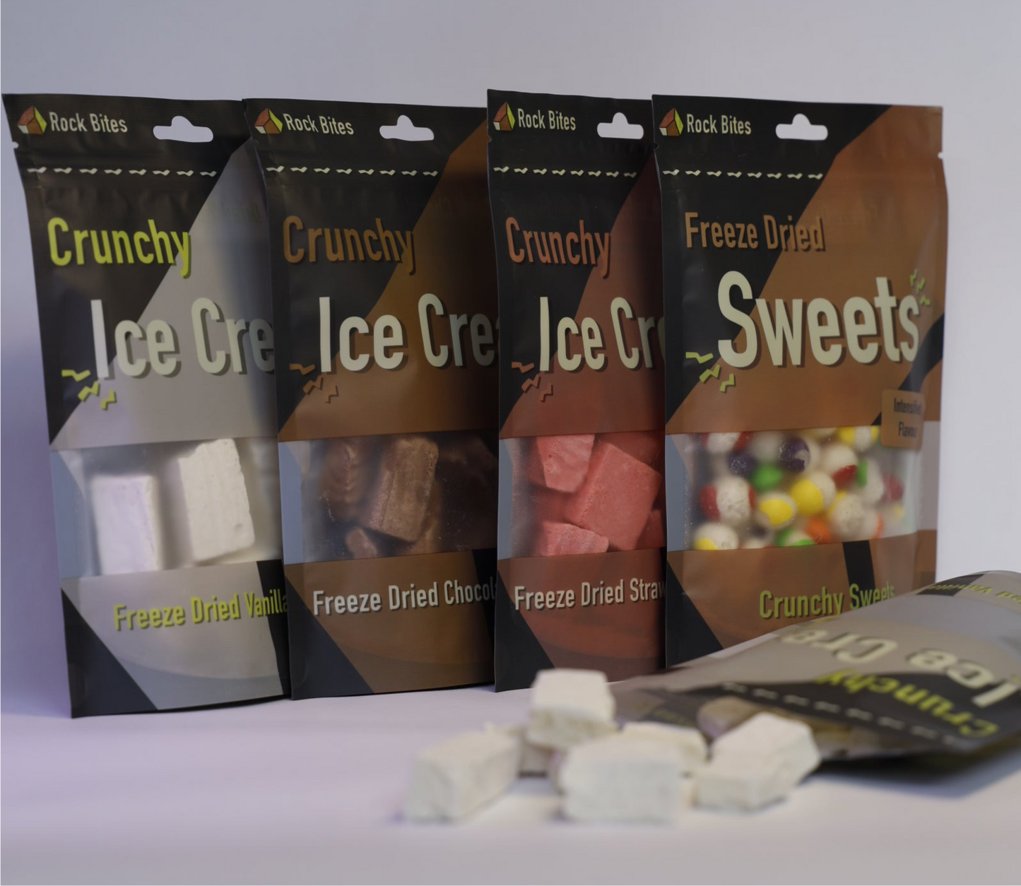 Rock Bites Freeze Dried Discovery Box - 1 rainbow sweets, 1 vanilla, 1 chocolate, 1 strawberry