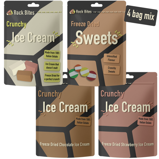 Rock Bites Freeze Dried Discovery Box - 1 rainbow sweets, 1 vanilla, 1 chocolate, 1 strawberry